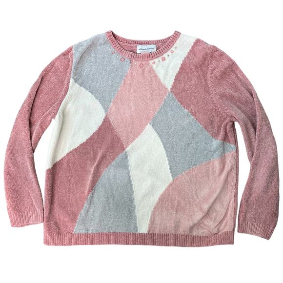 Chenille Argyle Sweater Pink Gray White Size XL Cozy Y2K Grandma Core - Picture 7 of 9